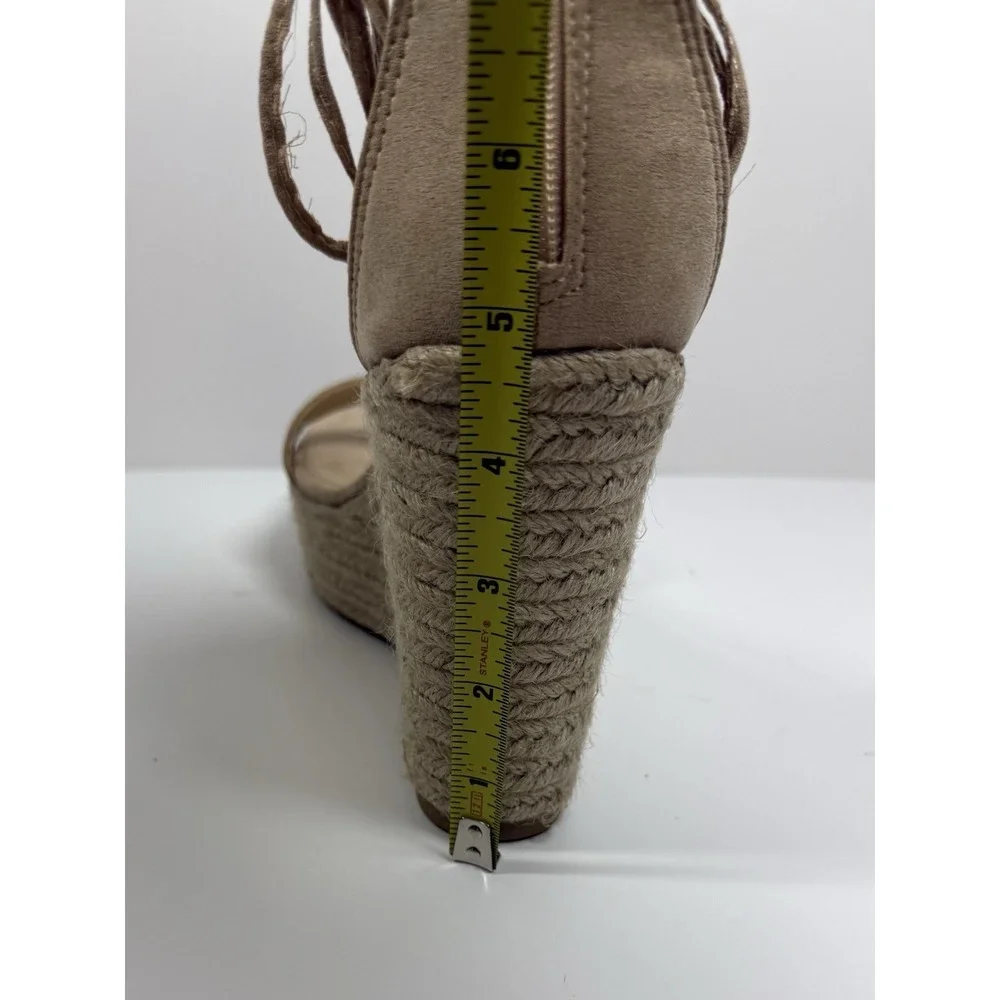 Beige Fringe Espadrille Wedge Sandals Zipper Ankle Strap Fabric Women Size 8